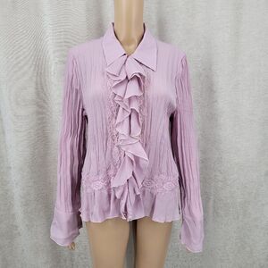 Y2K Vintage Lavender Lace Ruffle Poet Blouse Coquette Victorian Crinkle Chiffon